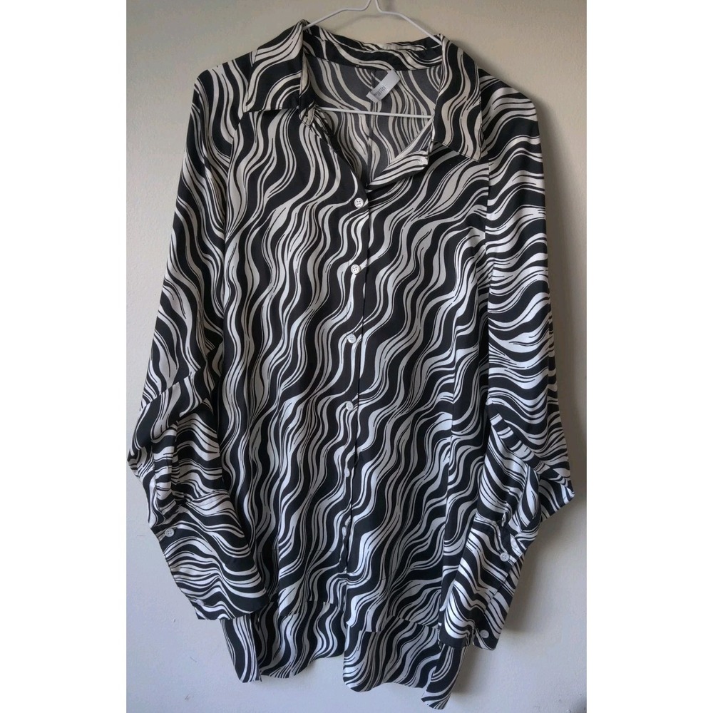 Rosetta Getty Women's Wave Print 100% Silk Tunic Button Up Blouse Size 10‎